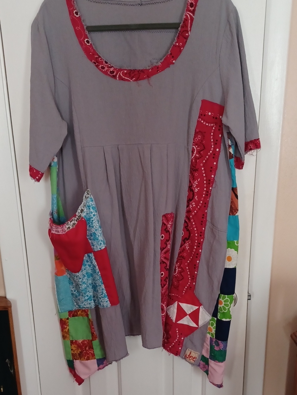 Source Unknown Gray Tunic with Red Bandana Trim and Patchwork Accents